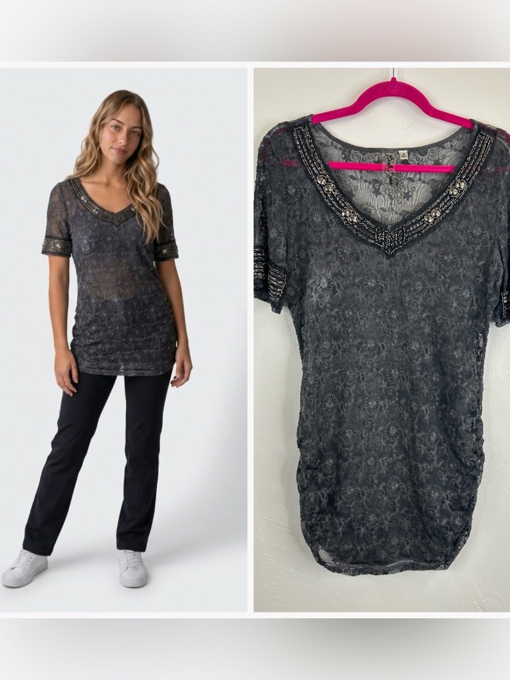 Goth Glam Size M Lace Sheer Rocker Gray Black Embellished Beaded Top Whimsigoth